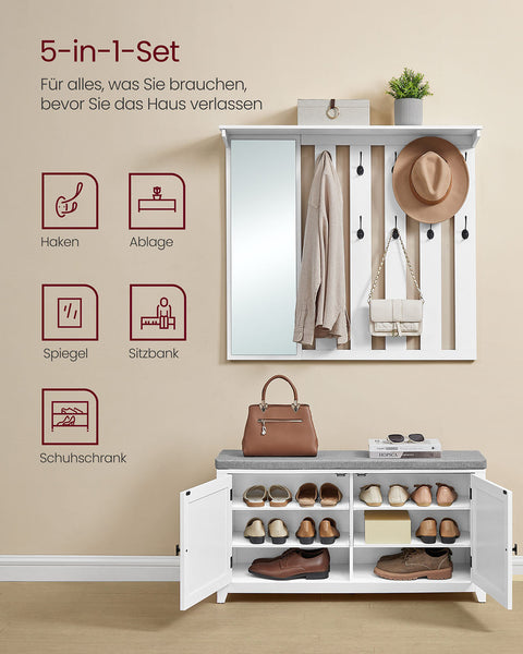 Rootz Shoe Bench Wall Wardrobe Set - Entryway Organizer - Hallway Storage - 10 Hooks - High Capacity - 31x102x52cm Bench, 20x102x90cm Wardrobe