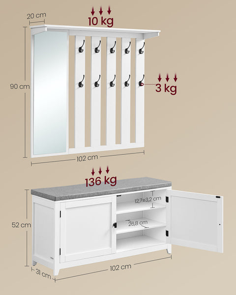 Rootz Shoe Bench Wall Wardrobe Set - Entryway Organizer - Hallway Storage - 10 Hooks - High Capacity - 31x102x52cm Bench, 20x102x90cm Wardrobe