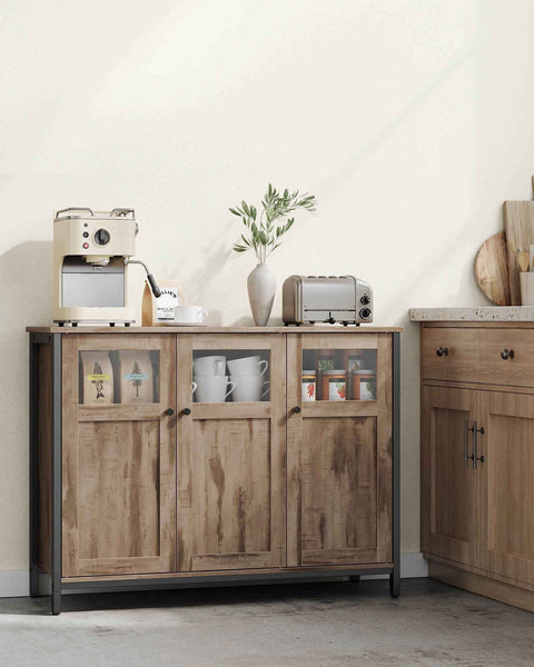 Rootz Sideboard with Glass Doors - Storage Cabinet - Wooden Cupboard - Steel Frame - Durable Construction - 35cm x 100cm x 75cm