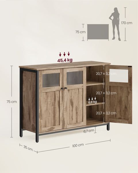 Rootz Sideboard with Glass Doors - Storage Cabinet - Wooden Cupboard - Steel Frame - Durable Construction - 35cm x 100cm x 75cm