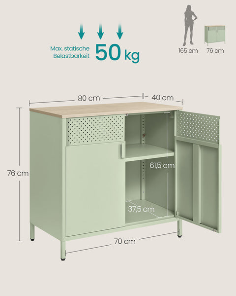 Rootz Storage Cabinet - Wooden Sideboard - Steel Organizing Unit - 50kg Load - 40cm x 80cm x 76cm - Green & Brown
