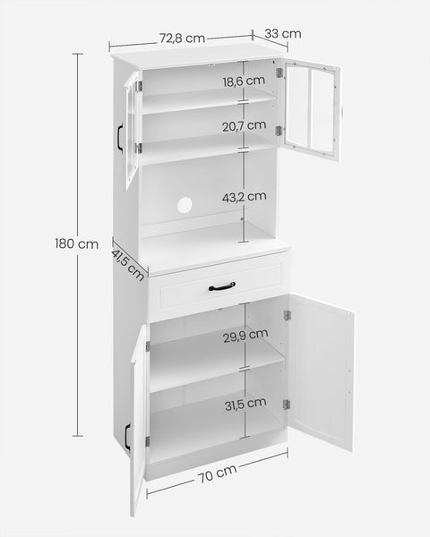 Rootz Modern Kitchen Cabinet - White Cupboard - Adjustable Shelves - MDF Chipboard - 41.5cm x 73cm x 179.8cm - Large Storage - 42.5kg
