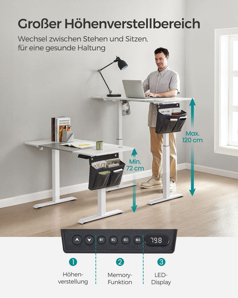 Rootz Elektrisch sta-bureau - Verstelbaar bureau - Zit-sta bureau - Spaanplaat stalen frame - 60 cm x 120 cm x (72-120) cm - Wit-duifgrijs - 1,5 cm tafelblad - 25,5 kg gewicht - 80 kg laadvermogen