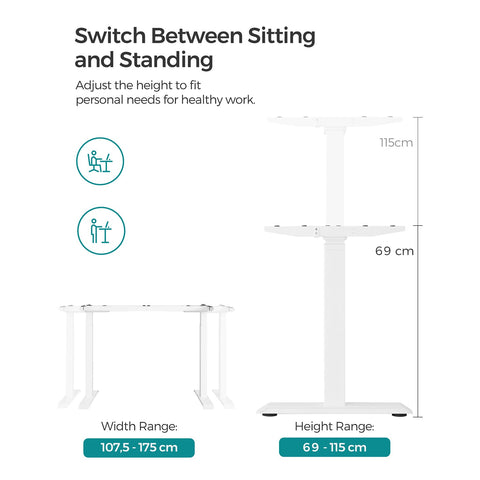 Rootz Electric Standing Desk - White Steel Standing Desk - Adjustable Height Desk - Quiet Motor - 60cm x (107.5-175)cm x (69-115)cm - Max Load 120kg