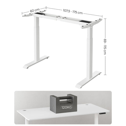 Rootz Electric Standing Desk - White Steel Standing Desk - Adjustable Height Desk - Quiet Motor - 60cm x (107.5-175)cm x (69-115)cm - Max Load 120kg