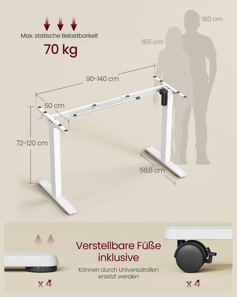 Rootz Height Adjustable Desk Frame - Standing Desk - Ergonomic Workspace - Steel Frame - 59.6 x (90-140) x (72-120) cm -  White