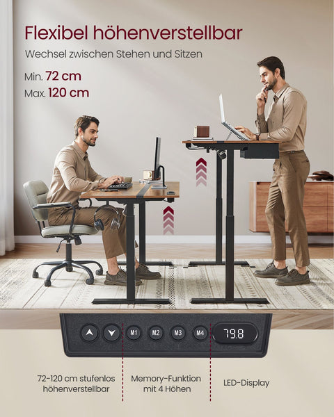 Rootz Electric Standing Desk - Adjustable Desk - Sit Stand Desk - Chipboard/Solid Steel - 70cm x 160cm x 72-120cm - Whisper Quiet - 1.5cm thickness