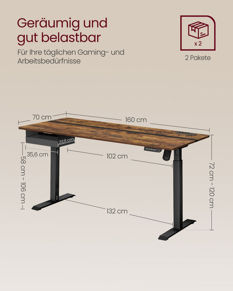 Rootz Electric Standing Desk - Adjustable Desk - Sit Stand Desk - Chipboard/Solid Steel - 70cm x 160cm x 72-120cm - Whisper Quiet - 1.5cm thickness
