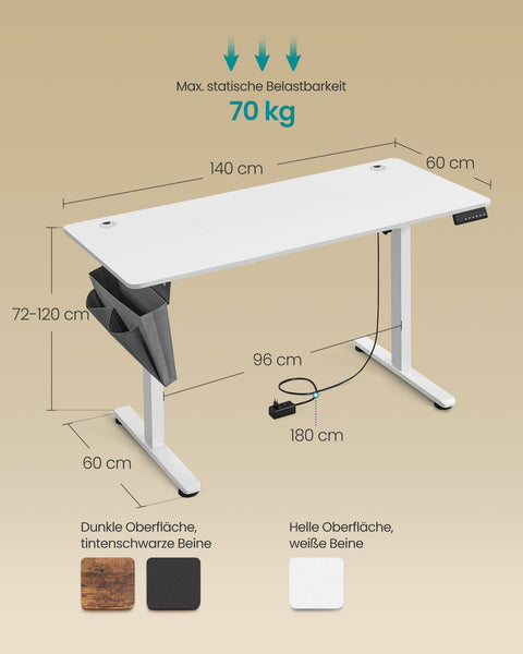 Rootz Electric Desk - Standing Desk - Adjustable Height Desk - Particle Board & Steel - 60cm x 140cm x (72-120cm) - Cloud White