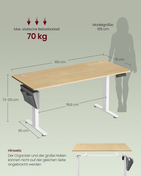 Rootz Height-Adjustable Electric Desk - Standing Desk - Sit-Stand Desks - Ergonomic Design - 160cm x 70cm x (72-120)cm - White, BrownColors