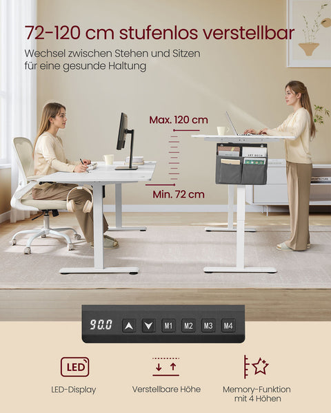 Rootz Height-Adjustable Electric Desk - Standing Desk - Sit-Stand Desk - Ergonomic - 180 x 80 x (72-120)cm -  White