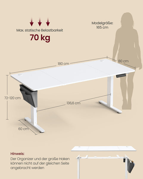 Rootz Height-Adjustable Electric Desk - Standing Desk - Sit-Stand Desk - Ergonomic - 180 x 80 x (72-120)cm -  White