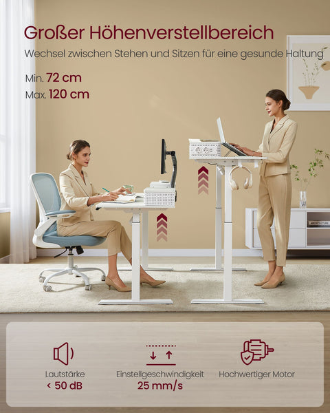 Rootz Cloud White Desk - Studeertafel - Schrijftafel - Spaanplaat - Stalen frame - Oxfordstof - Verstelbare hoogte - Opberghaken - Eenvoudige montage - 60 cm x 140 cm x (72-120) cm