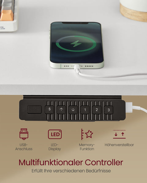 Rootz Cloud White Desk - Studeertafel - Schrijftafel - Spaanplaat - Stalen frame - Oxfordstof - Verstelbare hoogte - Opberghaken - Eenvoudige montage - 60 cm x 140 cm x (72-120) cm