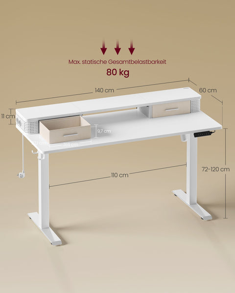 Rootz Cloud White Desk - Studeertafel - Schrijftafel - Spaanplaat - Stalen frame - Oxfordstof - Verstelbare hoogte - Opberghaken - Eenvoudige montage - 60 cm x 140 cm x (72-120) cm