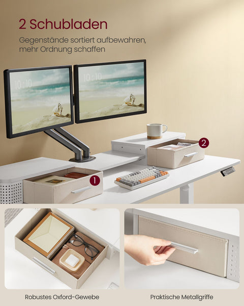 Rootz Cloud White Desk - Studeertafel - Schrijftafel - Spaanplaat - Stalen frame - Oxfordstof - Verstelbare hoogte - Opberghaken - Eenvoudige montage - 60 cm x 140 cm x (72-120) cm