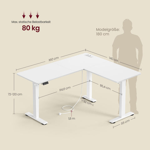 Rootz L-Shaped Desk - Office Desk - Workstation - Charging Station - 140 x 160 x (72–120) cm