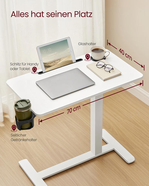 Rootz Adjustable Rolling Side Table - End Table - Mobile Desk - Ergonomic Design - 70x40x(65-102)cm - Cloud White