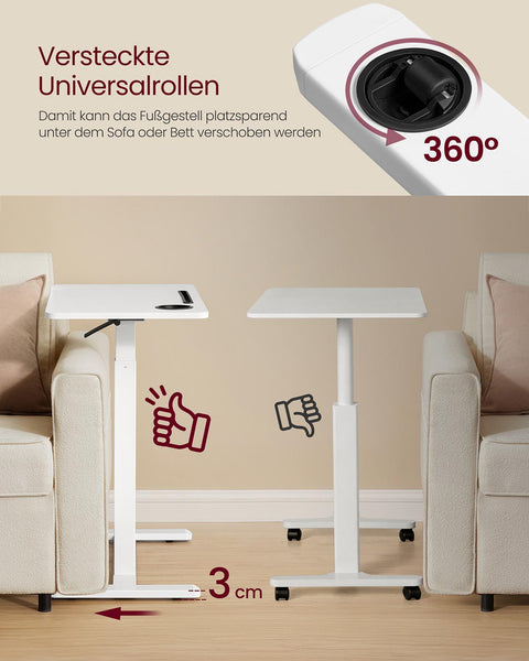 Rootz Adjustable White Side Table - Rolling Table - Mobile Desk - Max Height 102cm - Space-Saving Design