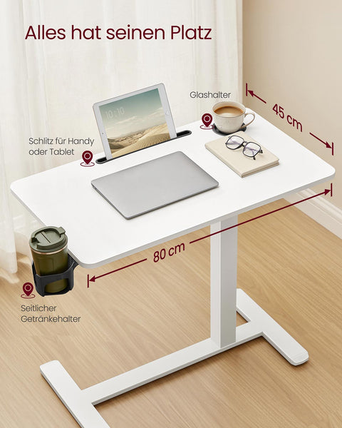 Rootz Adjustable White Side Table - Rolling Table - Mobile Desk - Max Height 102cm - Space-Saving Design
