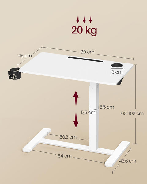 Rootz Adjustable White Side Table - Rolling Table - Mobile Desk - Max Height 102cm - Space-Saving Design