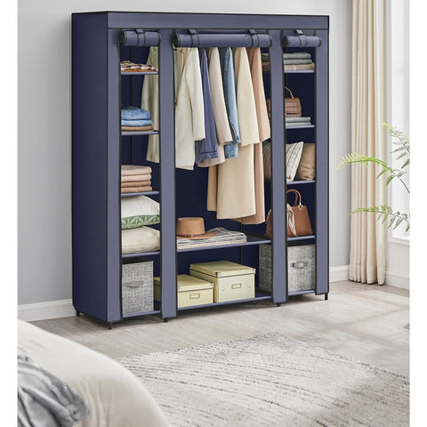 Rootz Navy Blue Fabric Cabinet - Wardrobe Organizer - Storage Unit - Non-Woven Fabric - Metal Tube - PP Plastic Connector - Large Size - Lightweight - Easy Assembly - 45cm x 150cm x 175cm
