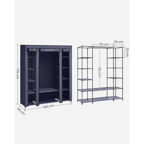 Rootz Navy Blue Fabric Cabinet - Wardrobe Organizer - Storage Unit - Non-Woven Fabric - Metal Tube - PP Plastic Connector - Large Size - Lightweight - Easy Assembly - 45cm x 150cm x 175cm