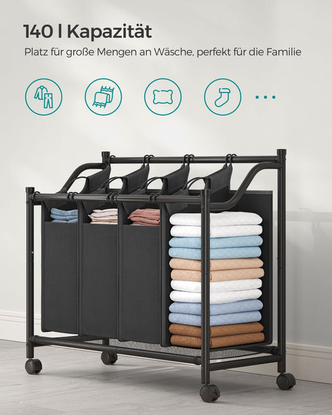 Rootz Wasmandwagen - Rollende waswagen - Wassorteerder - Stevig metalen frame - Duurzaam 600D polyesterweefsel - 4 wielen - 4 compartimenten - Ruimtebesparend ontwerp - 67 cm x 87,5 cm x 38,5 cm