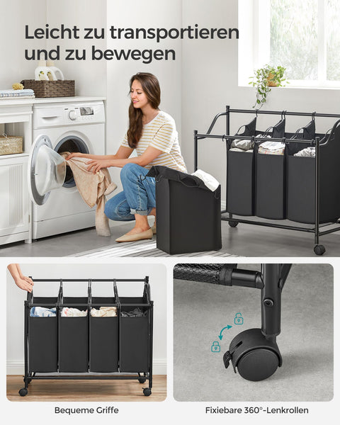 Rootz Wasmandwagen - Rollende waswagen - Wassorteerder - Stevig metalen frame - Duurzaam 600D polyesterweefsel - 4 wielen - 4 compartimenten - Ruimtebesparend ontwerp - 67 cm x 87,5 cm x 38,5 cm