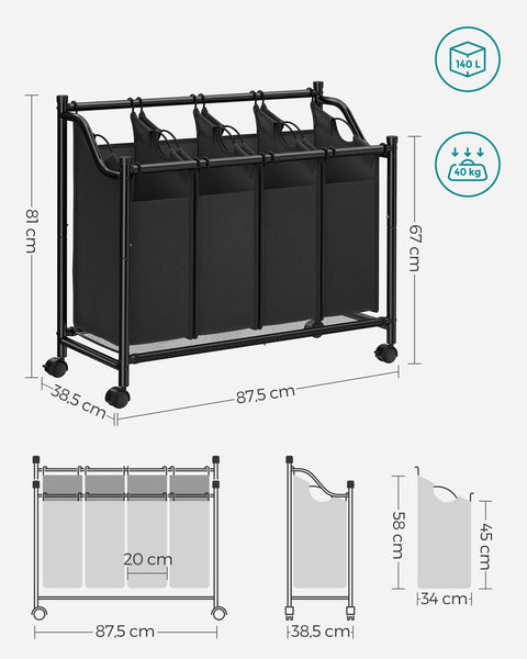 Rootz Wasmandwagen - Rollende waswagen - Wassorteerder - Stevig metalen frame - Duurzaam 600D polyesterweefsel - 4 wielen - 4 compartimenten - Ruimtebesparend ontwerp - 67 cm x 87,5 cm x 38,5 cm
