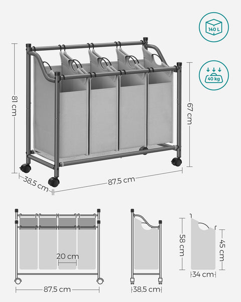 Rootz Laundry Trolley - Laundry Cart - Clothes Hamper - High Quality - Quick Laundry Collection - Sorting Bags - 87.5cm x 38.5cm x (67-81)cm