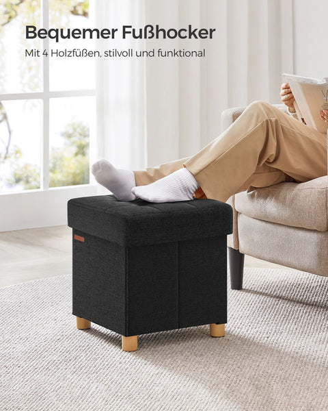 Rootz Black Seat Chest Ottoman - Storage Bench - Footrest - Imitation Linen - Foam Padding - MDF Construction - 38cm x 38cm x 40cm - 37 Liter Capacity