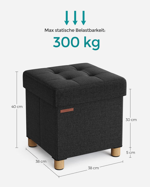 Rootz Black Seat Chest Ottoman - Storage Bench - Footrest - Imitation Linen - Foam Padding - MDF Construction - 38cm x 38cm x 40cm - 37 Liter Capacity