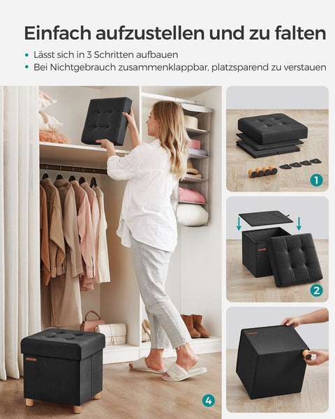 Rootz Black Seat Chest Ottoman - Storage Bench - Footrest - Imitation Linen - Foam Padding - MDF Construction - 38cm x 38cm x 40cm - 37 Liter Capacity