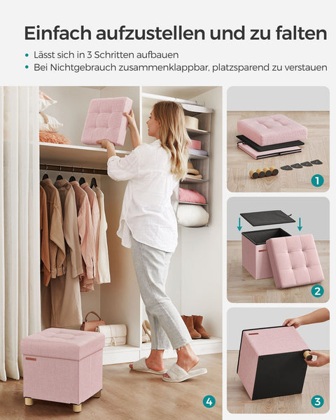 Rootz Pastel Pink Seat Chest - Storage Ottoman - Footstool - Imitation Linen - Foam Padding - MDF Construction - 38cm x 38cm x 40cm - 3.5kg - 300kg Capacity - 37L Storage