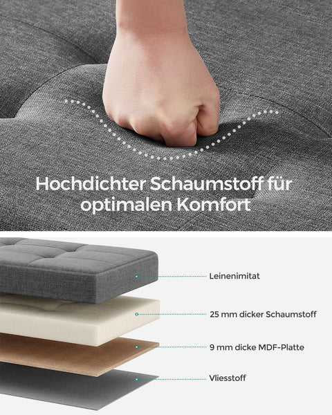 Rootz Storage Ottoman Bench - Dark Gray Ottoman - Upholstered Bench - Imitation Linen - Foam Padding - MDF Frame - 38cm x 110cm x 40cm - 112 Liter Capacity - 300kg Load Capacity