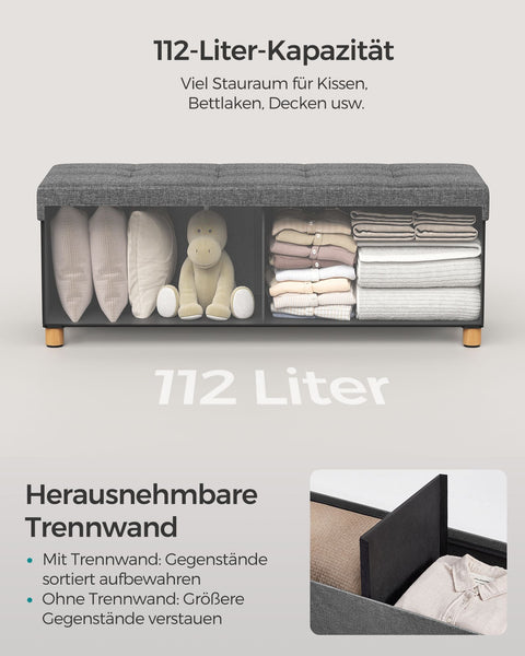 Rootz Storage Ottoman Bench - Dark Gray Ottoman - Upholstered Bench - Imitation Linen - Foam Padding - MDF Frame - 38cm x 110cm x 40cm - 112 Liter Capacity - 300kg Load Capacity