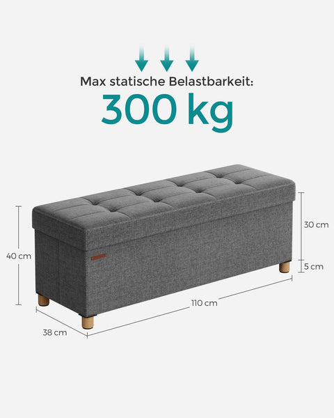 Rootz Storage Ottoman Bench - Dark Gray Ottoman - Upholstered Bench - Imitation Linen - Foam Padding - MDF Frame - 38cm x 110cm x 40cm - 112 Liter Capacity - 300kg Load Capacity