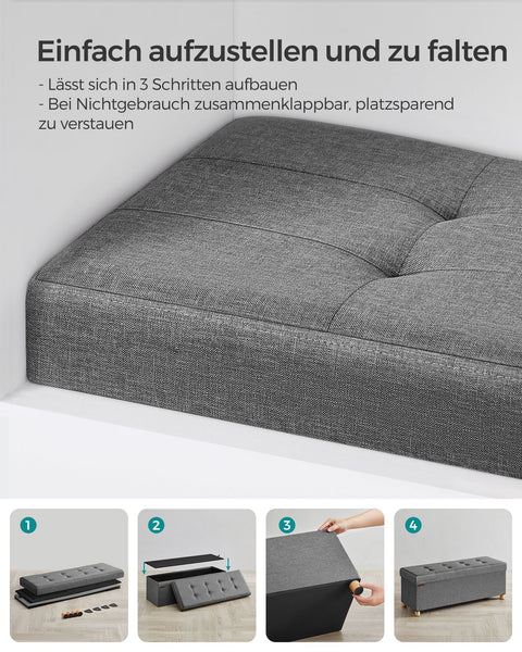 Rootz Storage Ottoman Bench - Dark Gray Ottoman - Upholstered Bench - Imitation Linen - Foam Padding - MDF Frame - 38cm x 110cm x 40cm - 112 Liter Capacity - 300kg Load Capacity