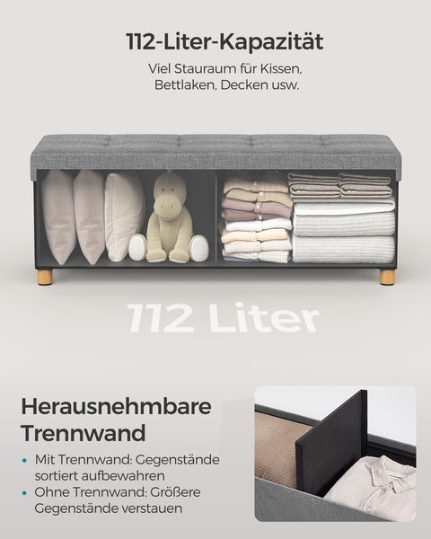 Rootz Seat Chest - Storage Bench - Ottoman - Linen Fabric - 38cm x 110cm x 40cm - Foam Padding - MDF - 112L Capacity