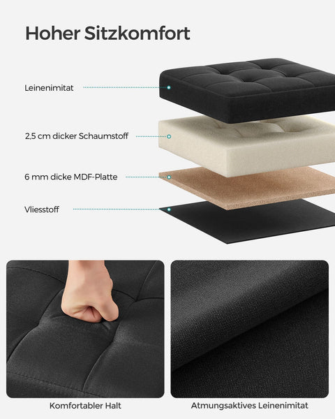 Rootz Seat Chest - Storage Ottoman - Footrest - Imitation Linen - MDF - Foam - 30cm x 30cm x 30cm - Basic Black - 1.6kg - 130kg Max Load - 22L Capacity