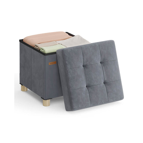 Rootz Storage Footstool - Velvet Ottoman - Seating with Storage - 37L Capacity - 38x38x40cm -  Grey