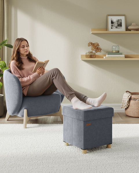 Rootz Storage Footstool - Velvet Ottoman - Seating with Storage - 37L Capacity - 38x38x40cm -  Grey