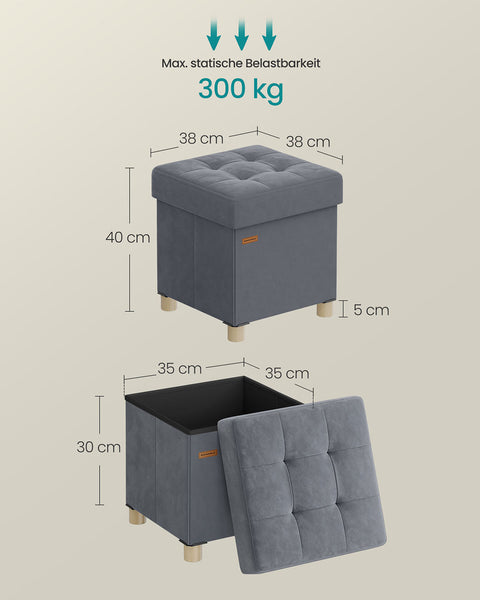 Rootz Storage Footstool - Velvet Ottoman - Seating with Storage - 37L Capacity - 38x38x40cm -  Grey