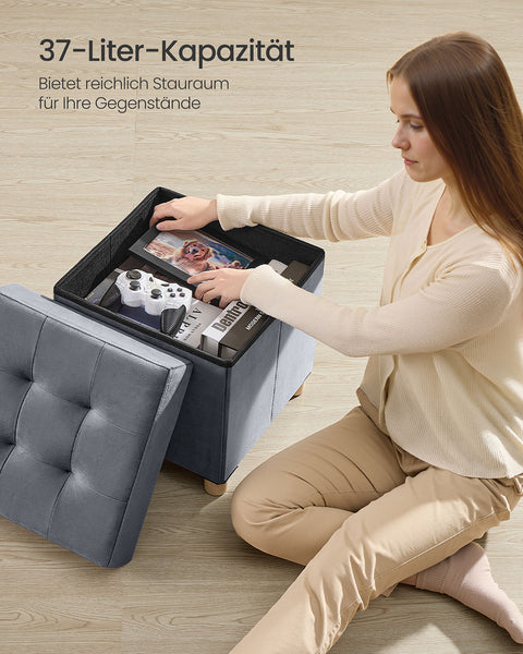 Rootz Storage Footstool - Velvet Ottoman - Seating with Storage - 37L Capacity - 38x38x40cm -  Grey