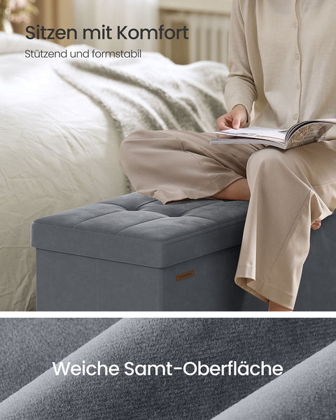 Rootz Velvet Storage Seat - Ottoman - Footstool - Max Capacity 300kg - 38cm x 110cm x 40cm - 112L  Grey