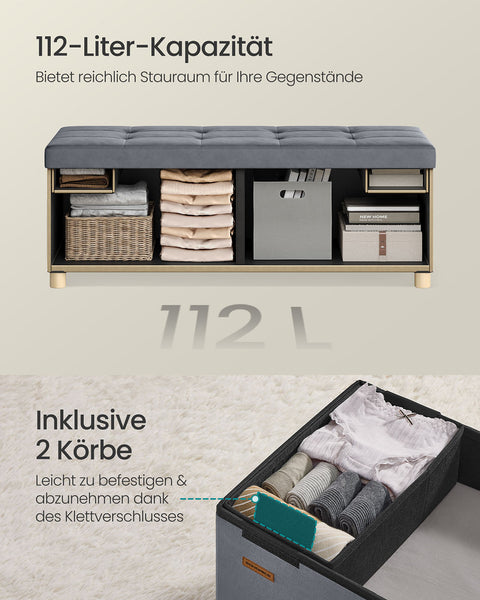 Rootz Velvet Storage Seat - Ottoman - Footstool - Max Capacity 300kg - 38cm x 110cm x 40cm - 112L  Grey