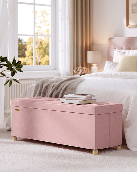 Rootz Velvet Storage Stool - Seating with Storage - Foot Stool - 112L Capacity - 38 x 110 x 40 cm -  Pink