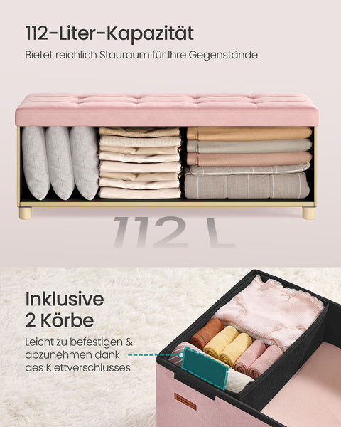 Rootz Velvet Storage Stool - Seating with Storage - Foot Stool - 112L Capacity - 38 x 110 x 40 cm -  Pink