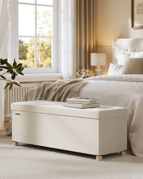 Rootz Seating Storage Stool - Ottoman Bench - Velvet Storage Seat - 112L Capacity - 38cm x 110cm x 40cm - Cappuccino Beige